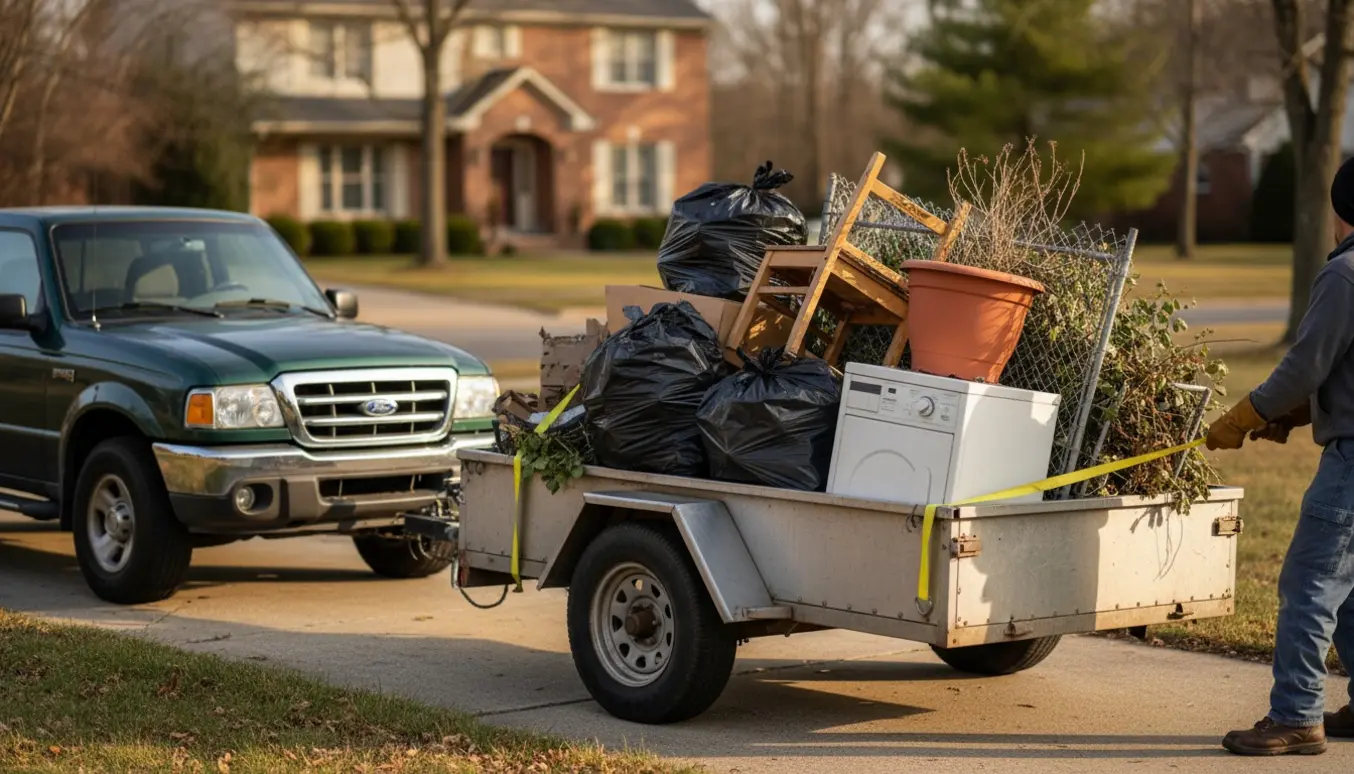 En trailer fyldt med blandet affald på en indkørsel, klar til at blive afhentet.