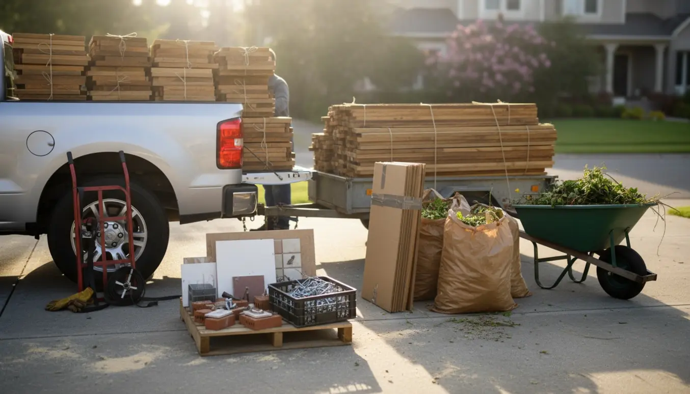 Traileren og pickup med stablede gulvbrædder, pap, haveaffald og byggeaffald klar til aflevering på genbrugsplads.