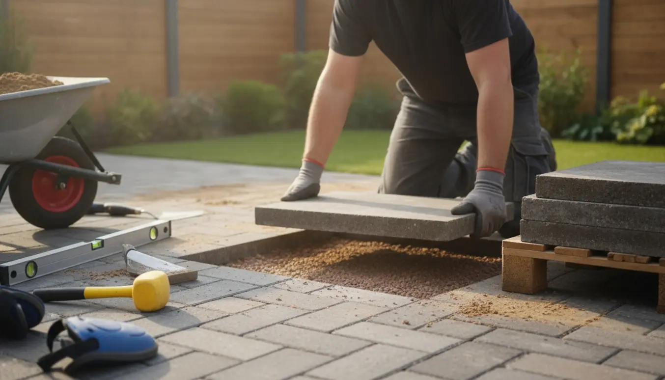 En håndværker løfter en flise ved en delvist færdig terrasse med trillebør, sand og værktøj.