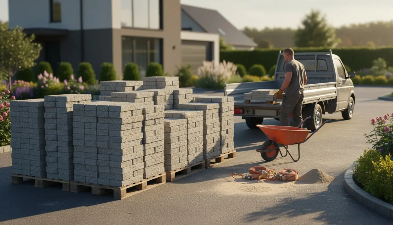 Stakke af betonfliser på indkørsel ved varevogn og trailer, arbejdshænder i handsker løfter en flise.