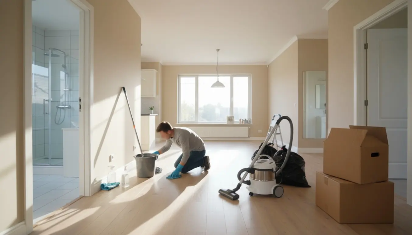 Flytterengøring i lyst etplanshus med rengøringsudstyr og nyvaskede overflader.