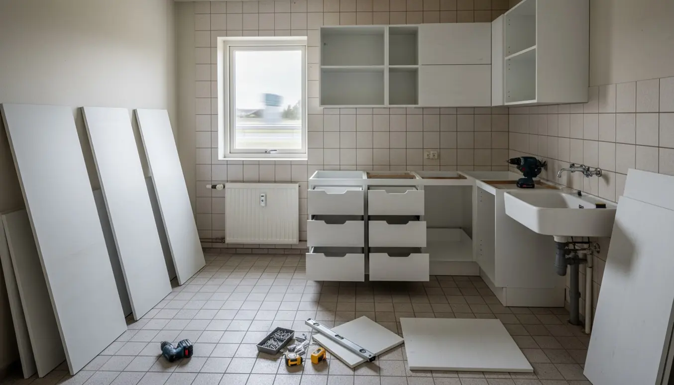 Delvist monterede Kvik-skaabe i et bryggers fra 1984 med værktøj og hænder i arbejde.