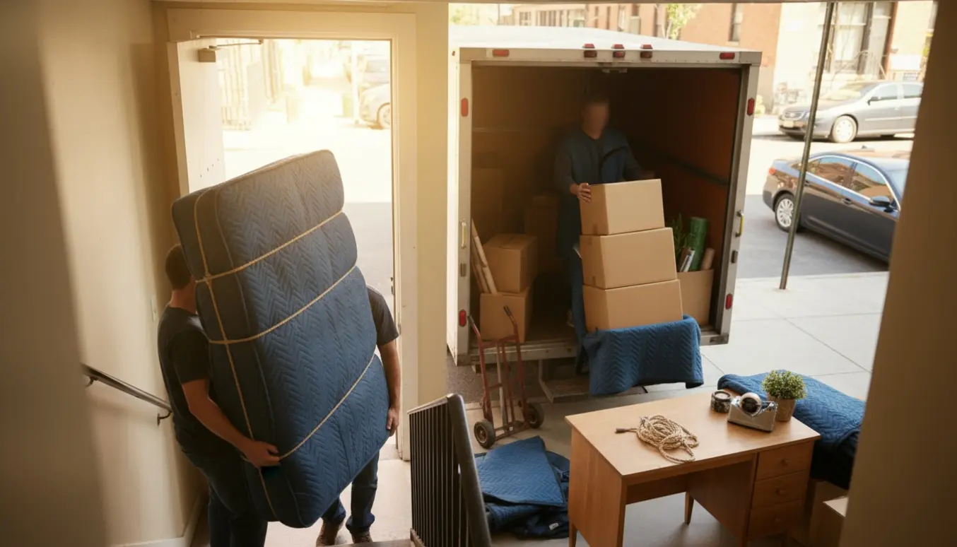 To personer bærer en indpakket boxmadras ned ad en trappe mod en åben flyttebil, mens flyttekasser og møbler læsses.