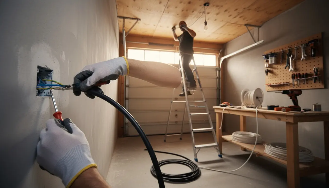 Nærbillede af elektrikerhænders arbejde med at montere stikkontakt og trække ledning til loftlampe i garage.