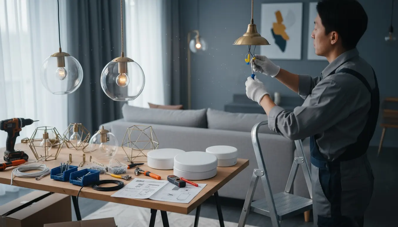 Hænder monterer en pendel i loftet i et lyst hjem med flere lamper og værktøj samlet rundt omkring.