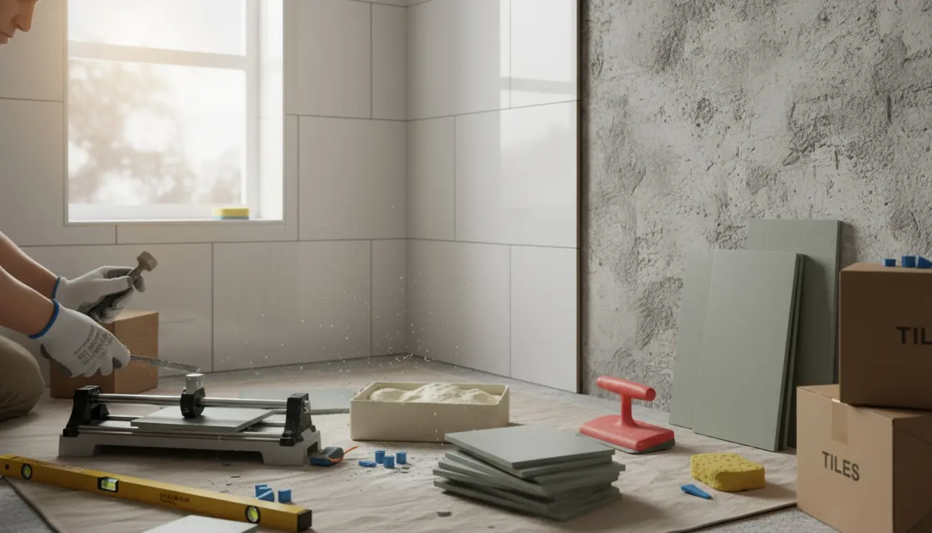 Hænder fjerner hvide vægfliser i et bruseområde, med nye mindre fliser og værktøj klar til opsætning.