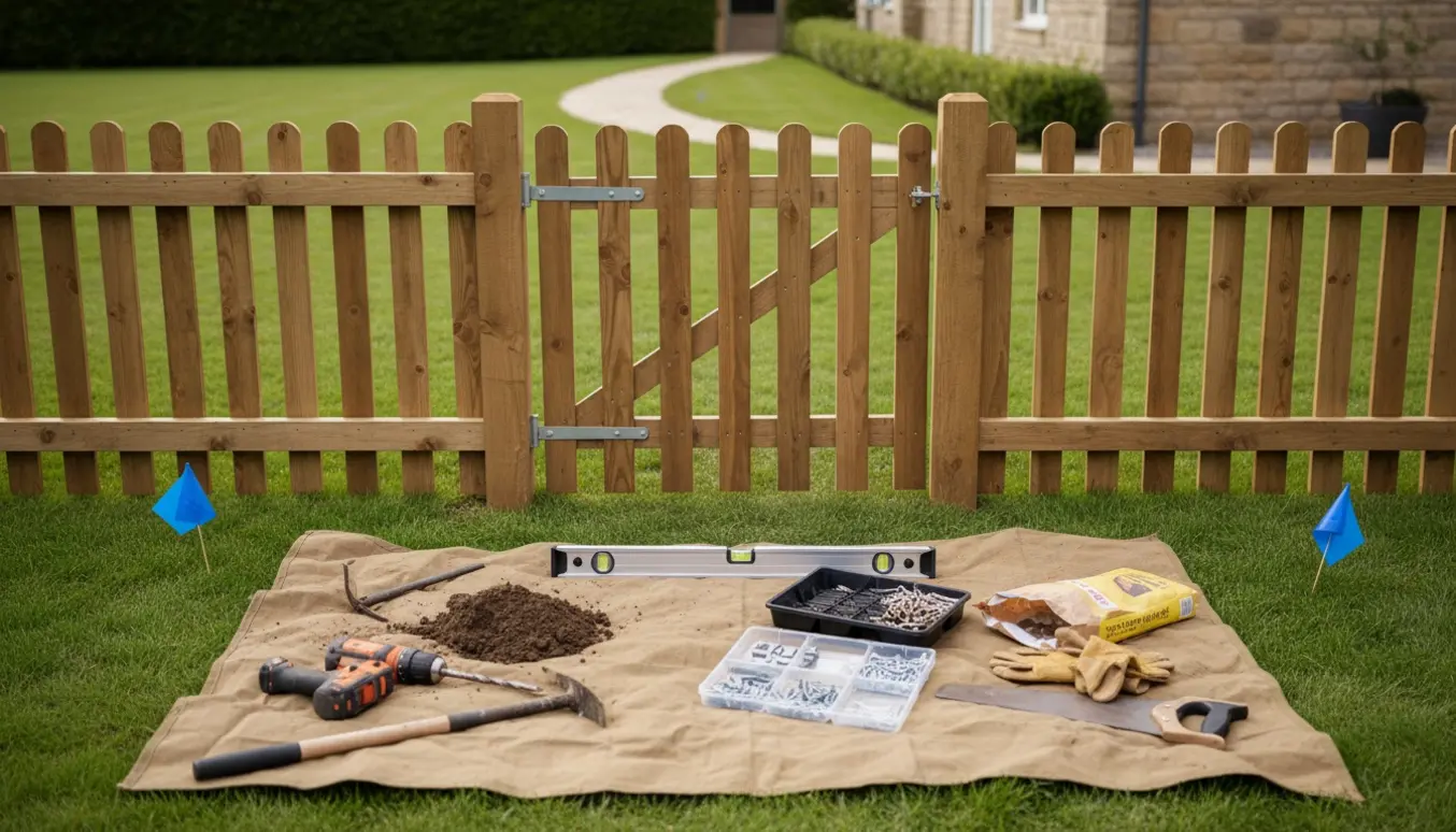 Træstakitlåge opstillet mellem stolper i forhaven med værktøj og blå markører ved åbningen.