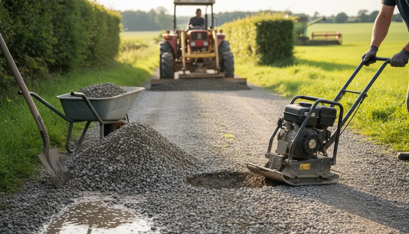 Reparation af grusvej med grus, skovl og kompaktor i et landligt miljø.