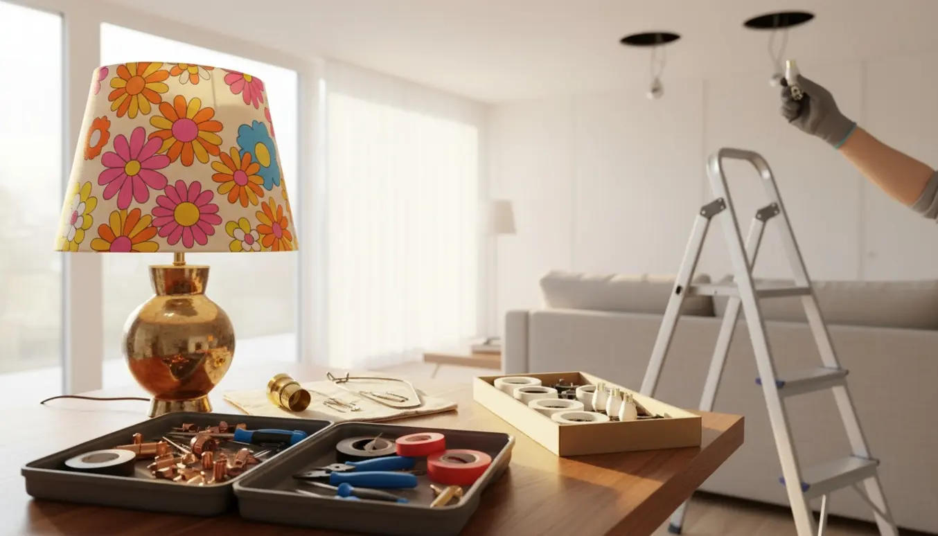 Hænder skifter fatning i en retro blomstret bordlampe med stige under åbne spots i loftet og værktøj og reservedele ved siden af.