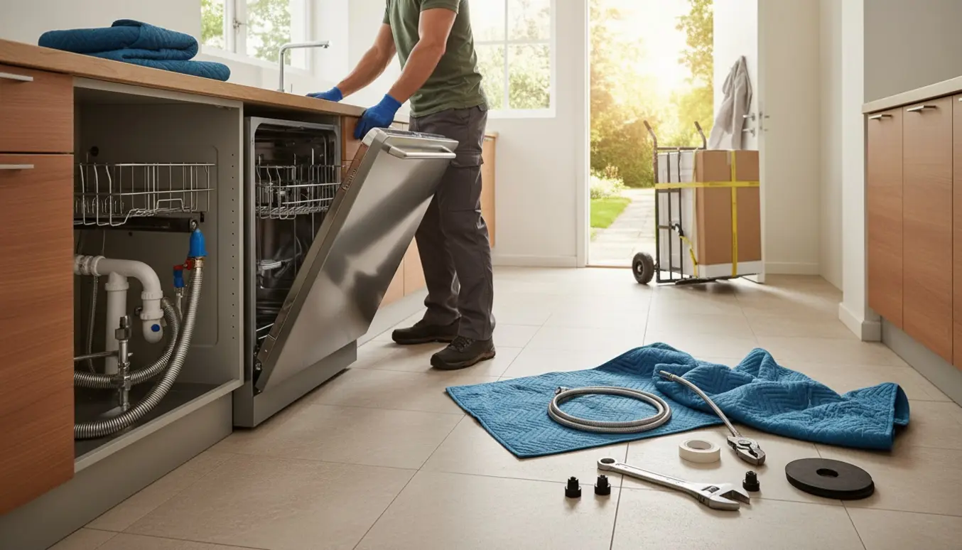 Ny kompakt opvaskemaskine trækkes ind i et lejlighedskøkken med værktøj klar, mens den gamle bæres ud.