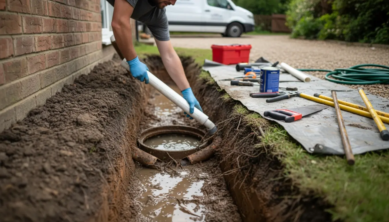 En arbejder monterer et nyt hvidt PVC-rør i en mudret udgravning ved en tilstoppet kloak.