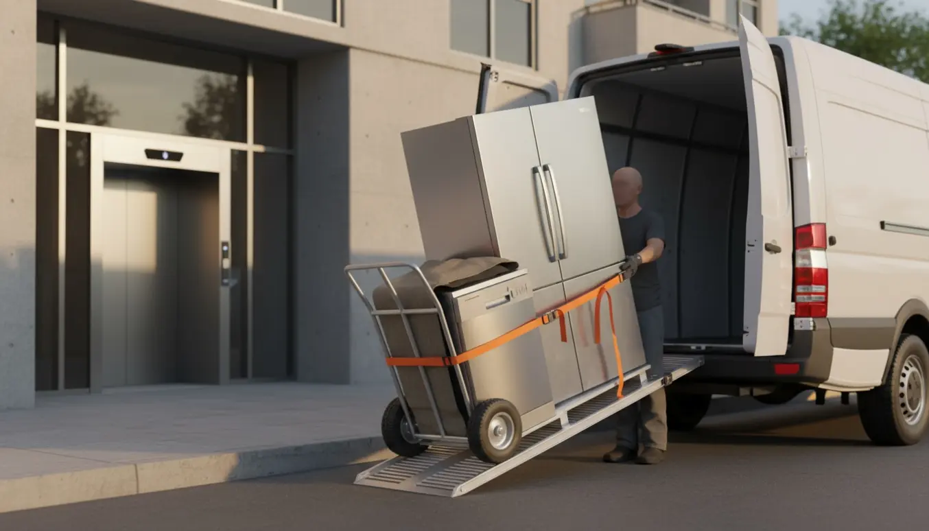 To personer læsser et rustfrit køleskab og en lille opvaskemaskine på en dolly ved en varevogn uden for en lejlighedsbygning.