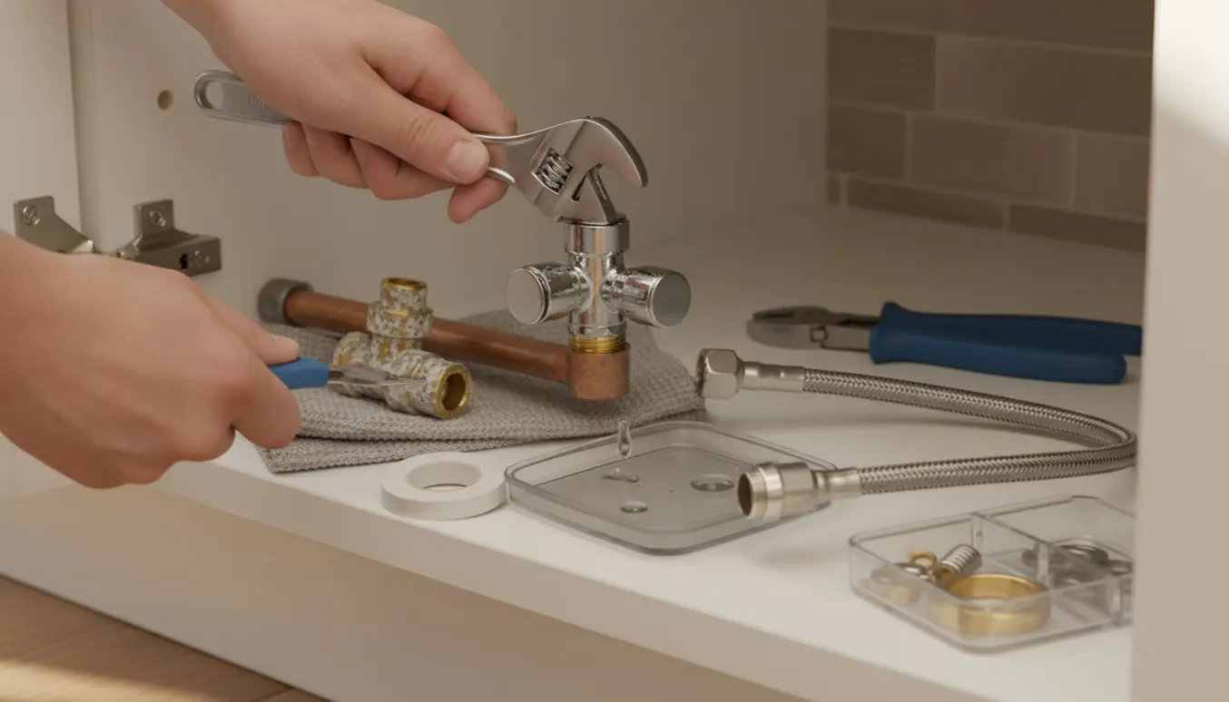 Montering af ny aftapventil under køkkenvask med værktøj og synlig kalk på den gamle ventil.