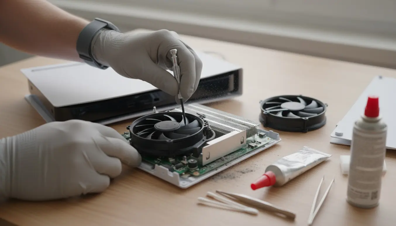 Hænder reparerer blæseren i en åben PlayStation 5 på et lyst arbejdsbord.