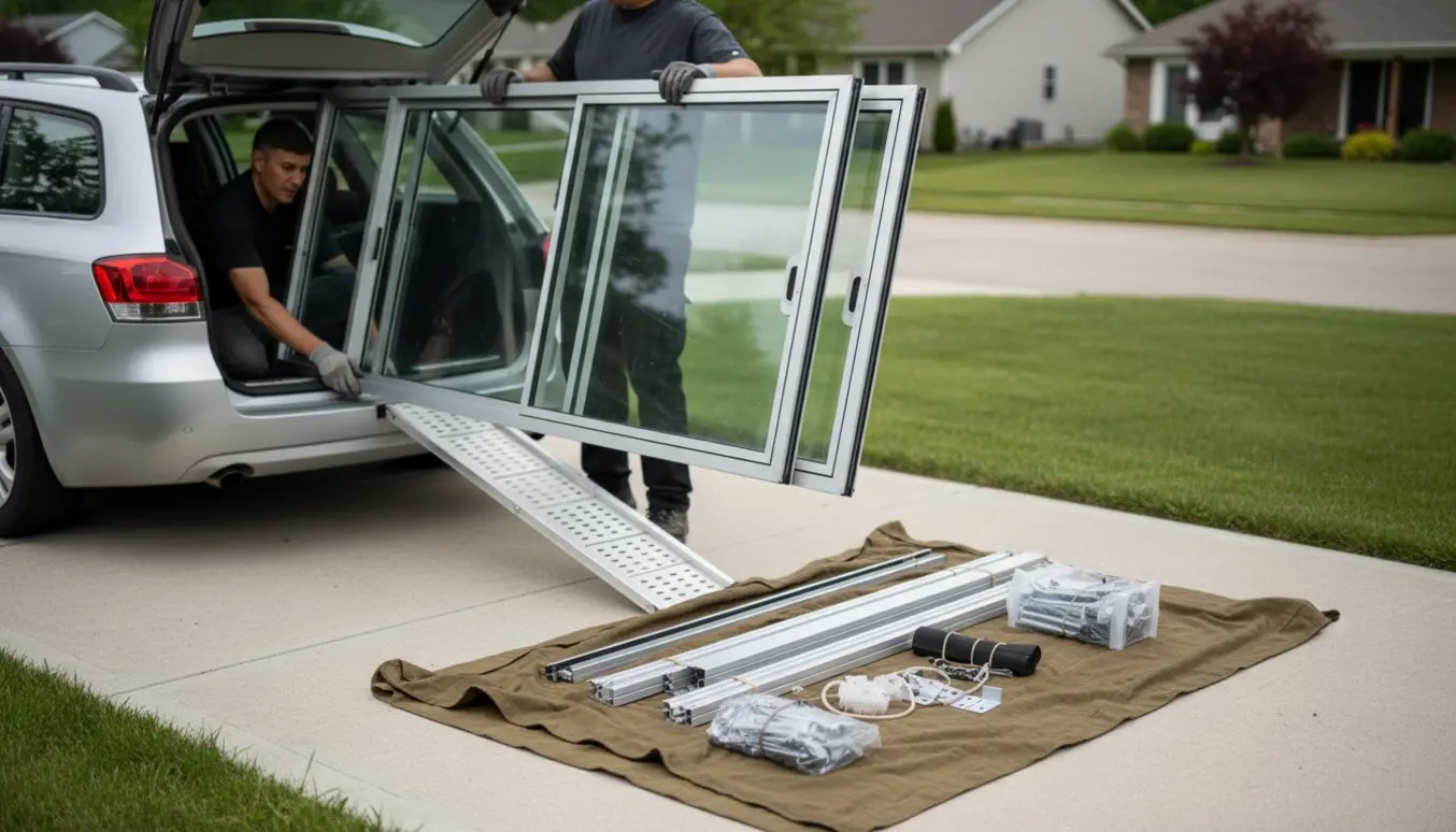 Tre demonterede skydedøre lægges i bagagerummet på en bil med skinner og værktøj ved siden af.