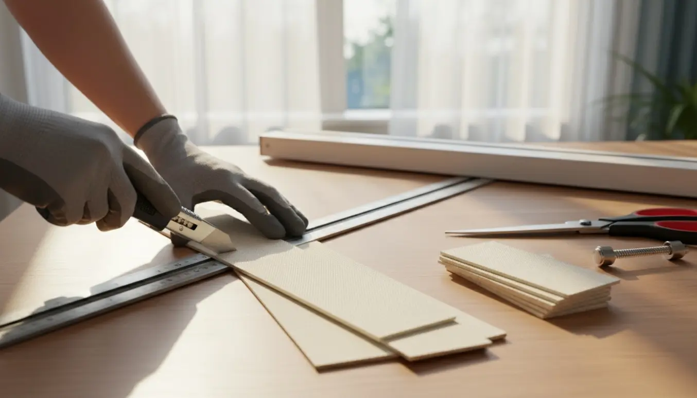 Hænder tilskærer fem lamelgardiner ved et vindue med værktøj og en lille bunke afskårne lameller.