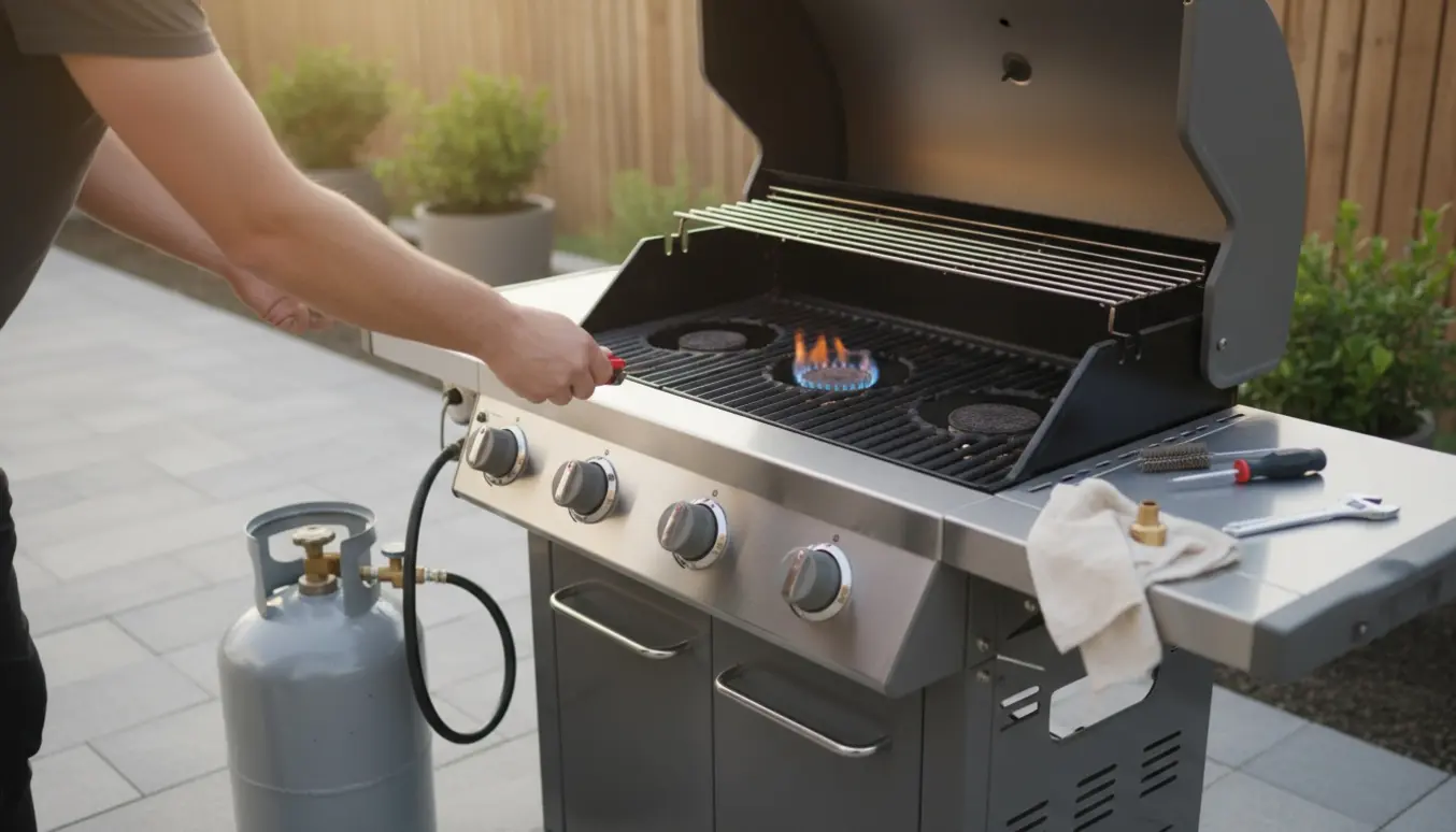 Nærbillede af en gasgrill, hvor én brænder er tændt og de tre andre er slukkede, med ny gasflaske tilsluttet og værktøj ved siden af.