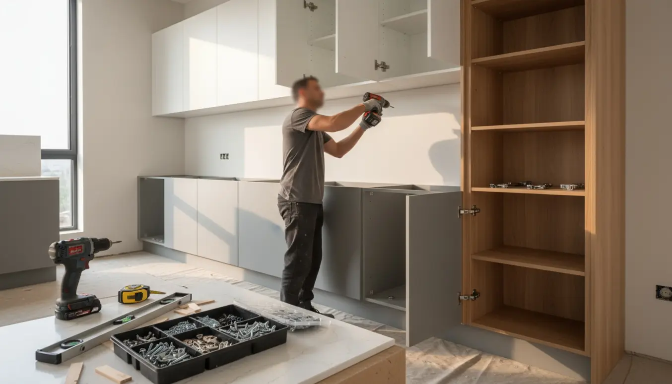 Håndværker monterer køkkenskabe med værktøj og to højskabe i et lyst køkken.