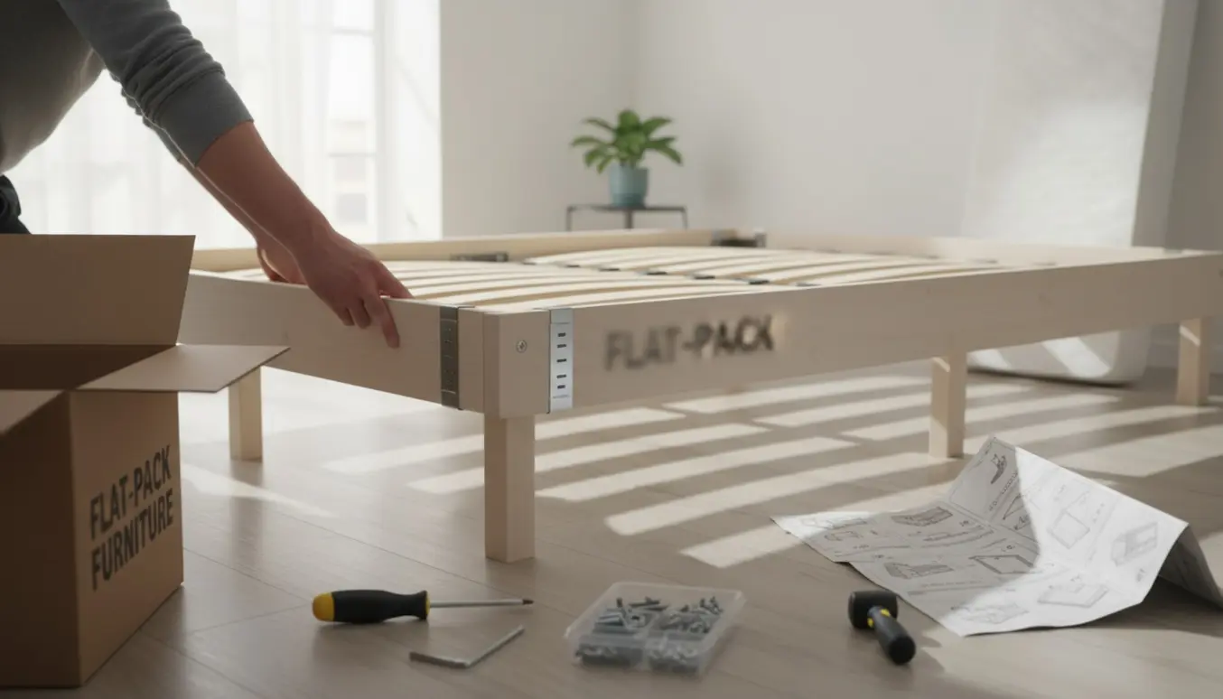 Hænder monterer en fladpakket seng med lamelbund og værktøj i et lyst, ryddeligt soveværelse.