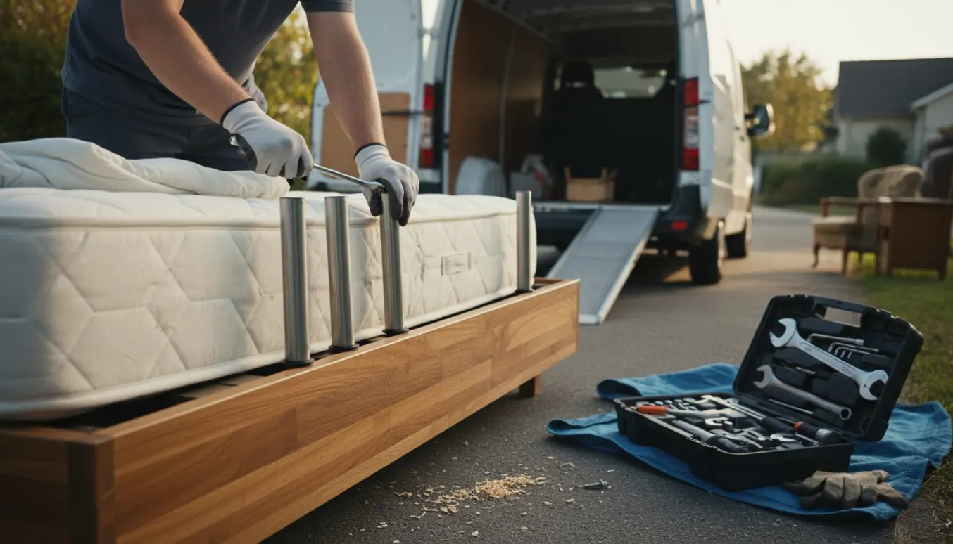 Hænder fjerner sengeben fra en dobbeltseng ved en åben varevogn klar til afhentning til storskrald.
