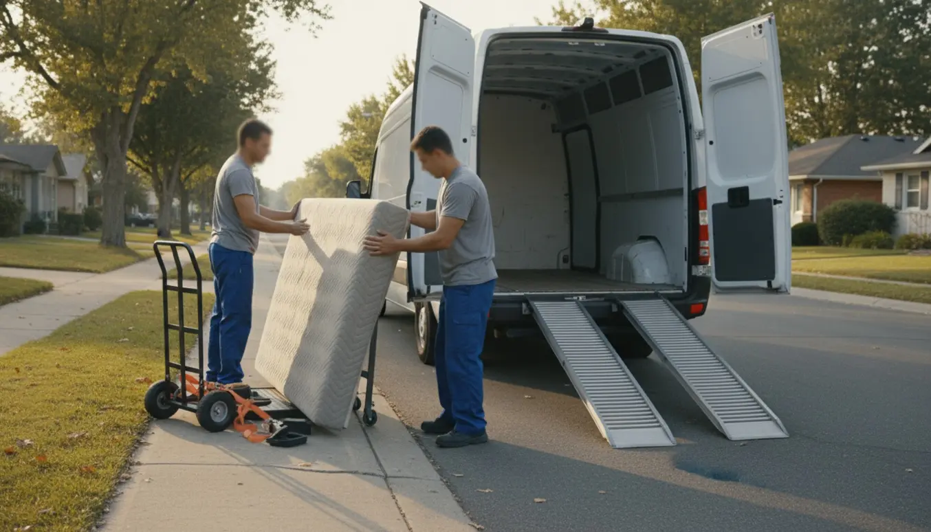 Sengegavl pakket i flyttetæppe læsses fra fortovet ind i en varevogn ved kantstenen.