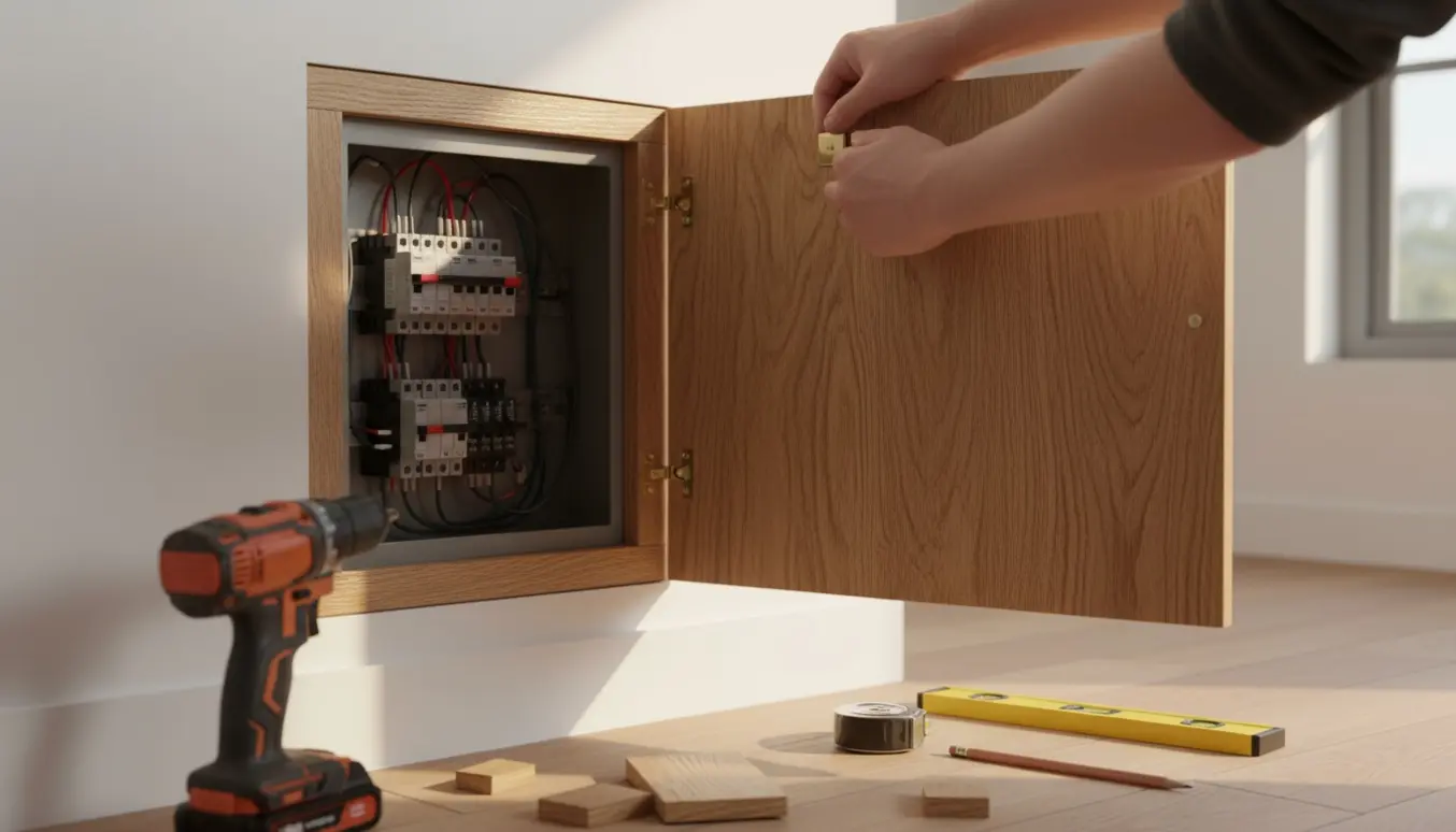 Et træskab med låge dækker et elskab i en lys gang, lågen er let åben og viser elskabet bagved.