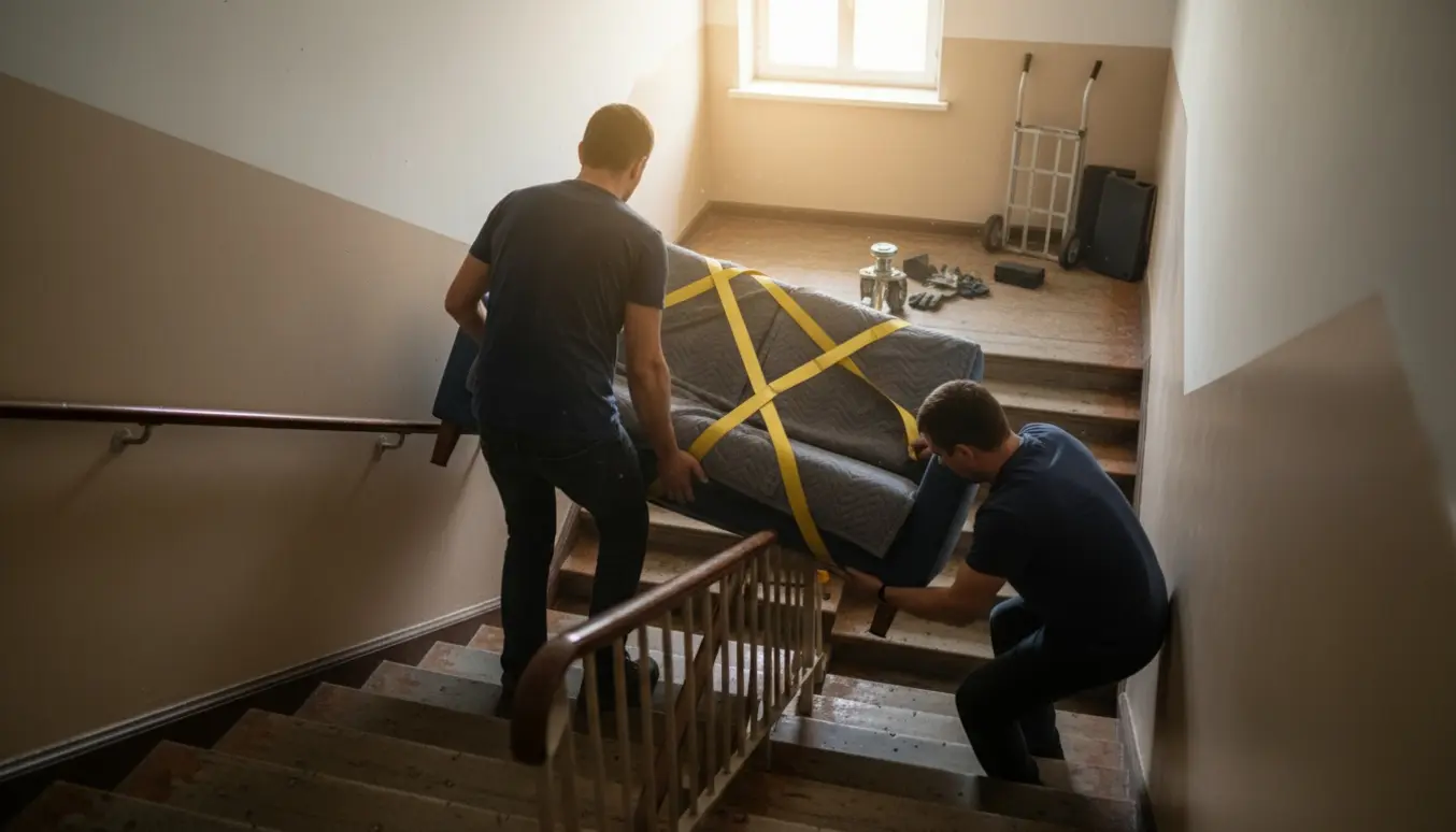 To flyttemænd bærer en sofa op ad en trappe mod en åben lejlighedslanding, ansigter er skjulte.