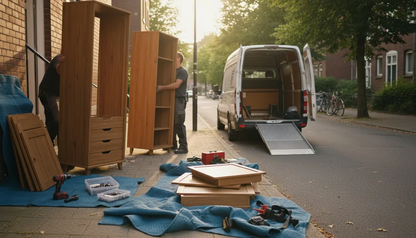 To personer bærer delvist adskilte garderobeskabe ned fra en lejlighed mod en varevogn med værktøj og hylder ved siden af.