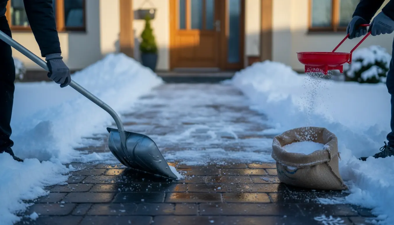 En person rydder sne og strør salt ved indgangen til et parcelhus med fokus på skovl, saltgranulat og ryddet gangsti.