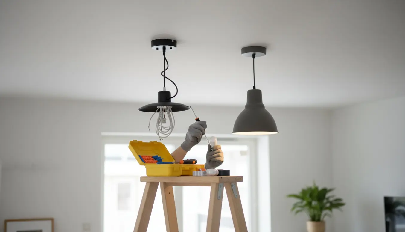 Hænder på en stige justerer en løs loftslampe, mens en anden lampe er slukket.