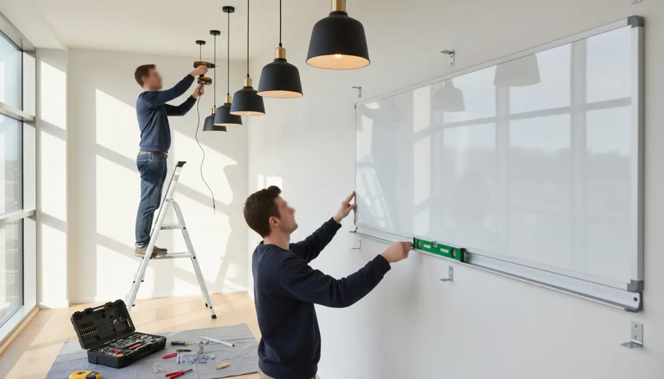 To personer monterer fire loftslamper og hænger en stor whiteboardtavle i et lyst kontor.