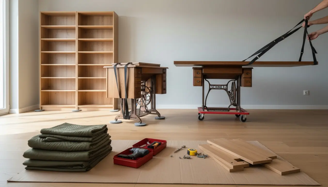 Skab og tung bordplade flyttes, mens to store reoler er sat ind i skabets tidligere plads i et lyst værelse.