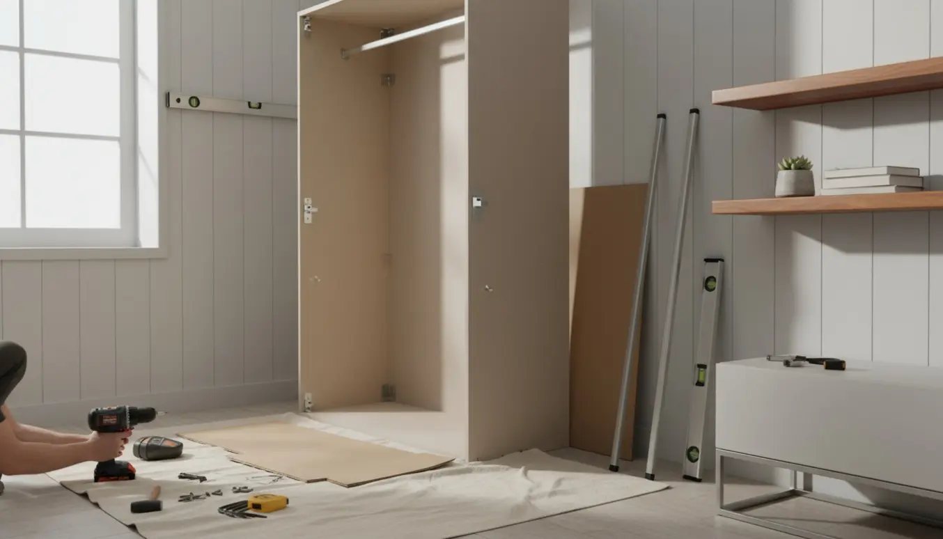 Delvist samlet flat-pack garderobeskab med to nyligt monterede flydende hylder og værktøj i et lyst soveværelse.