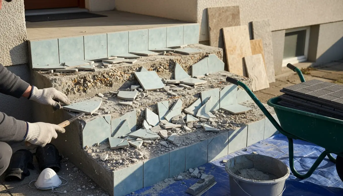 Udendørs betontrappe med knuste klinker og smuldrende underlag, værktøj og nye fliser klar til renovering.