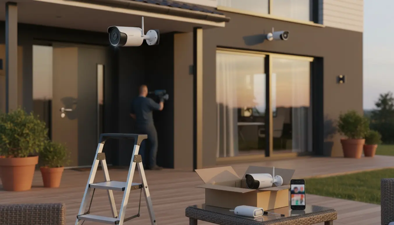 To trådløse overvågningskameraer monteret udenfor ved hoveddør og terrassedør med monteringsværktøj på en stige.