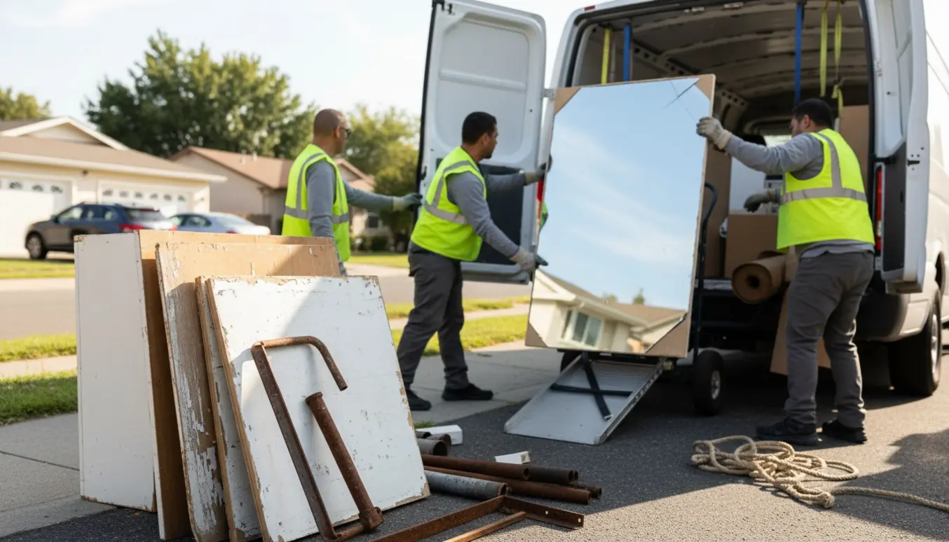To personer læsser storskrald med skabsplader, et spejl og metaldele ind i en åben varevogn på fortovet.
