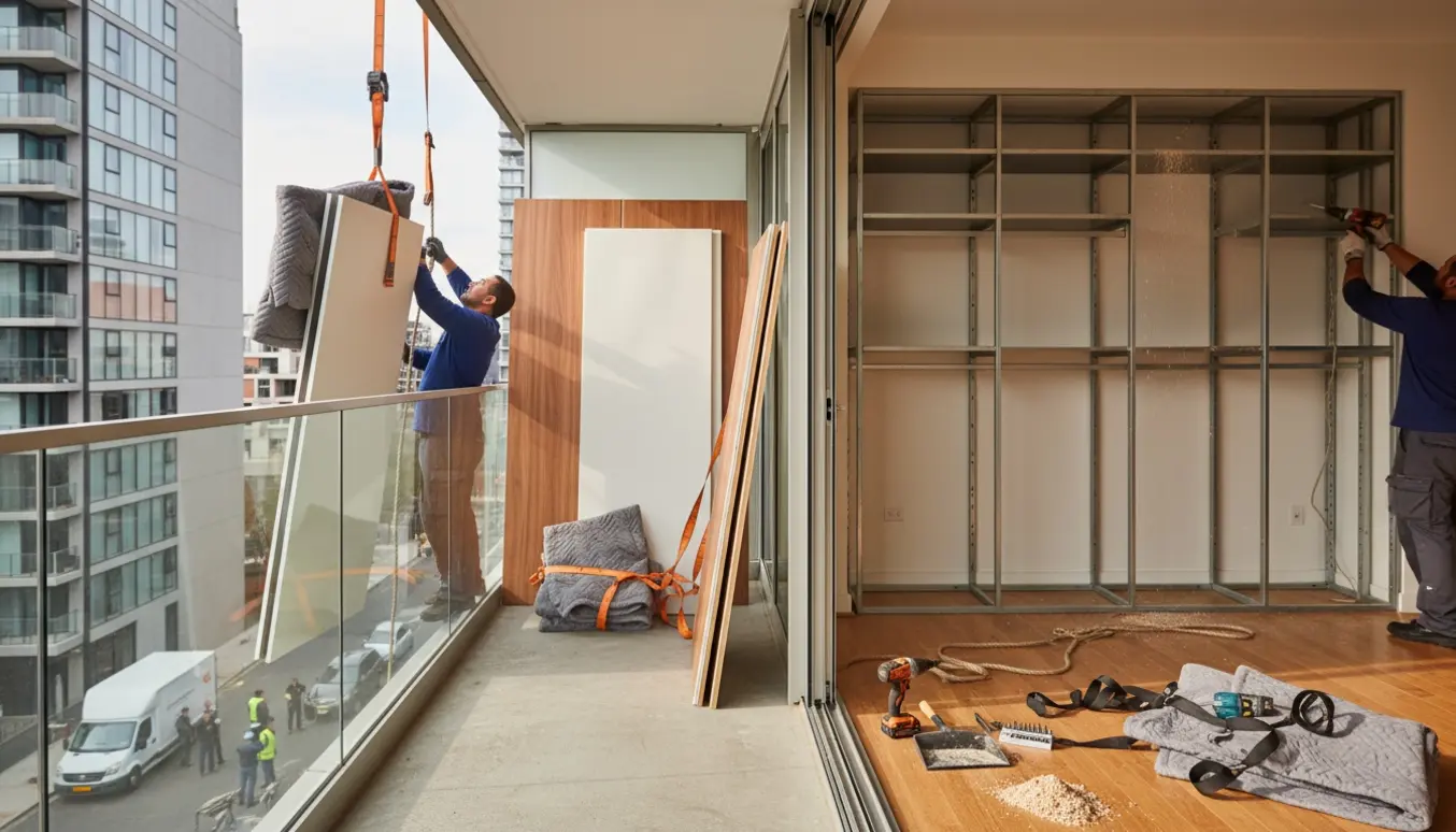 Delvist nedtaget klædeskab på en høj lejlighedsaltan med paneler og flytteudstyr klar til bortkørsel.