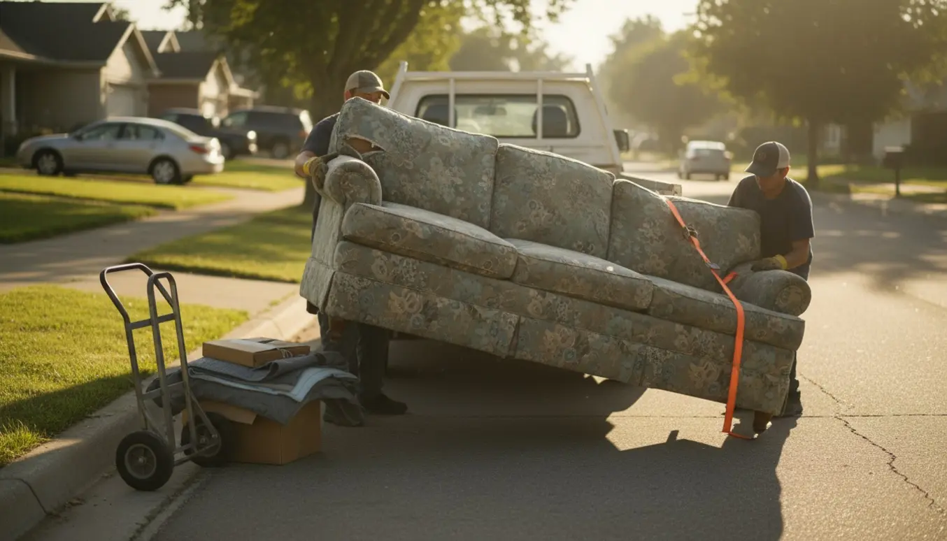 To personer læsser en slidt sofa på en varebil ved fortovet til storskrald, dækket af flyttetæpper og stropper.