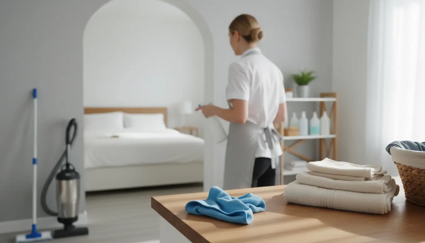 Kvinde set bagfra tørrer en køkkenbordplade med klud og spray, omgivet af vasketøj og rengøringsudstyr.