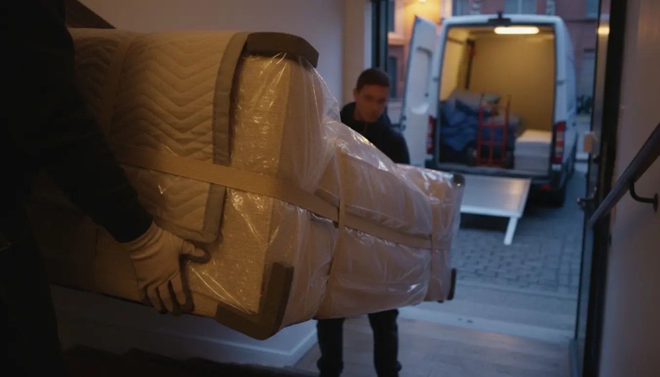 Lyse sofa bæres forsigtigt op ad en trappe af flyttefolk med beskyttelsestæpper i aftenskumring.