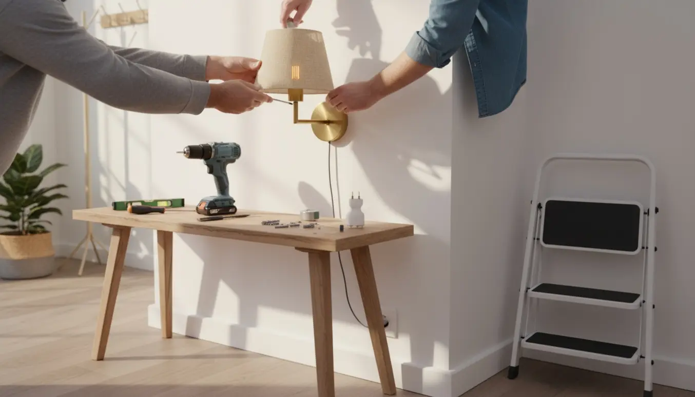 Hænder monterer en plug-in væglampe i en lys entré med værktøj på et bord.