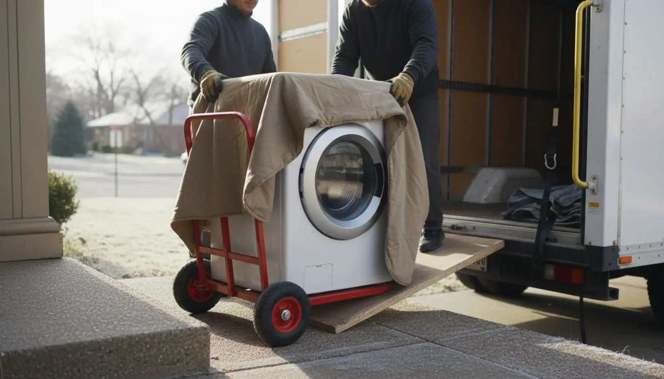 En vaskemaskine løftes forsigtigt ind i en varevogn med flyttedolly og polstring foran en bolig på en lys morgen.