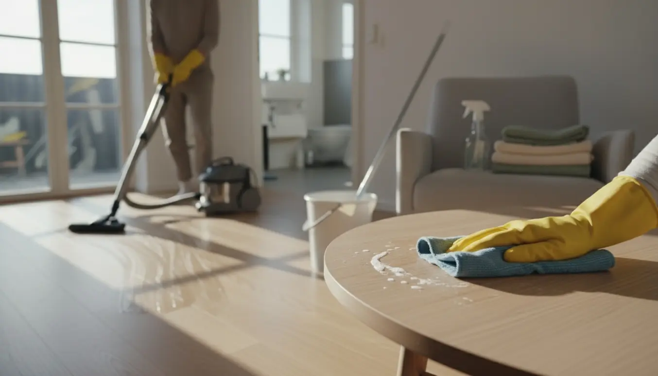 Rengøringsscene i et skandinavisk hjem med hænder i gule handsker, støvsuger og vådmoppet lys trægulv.