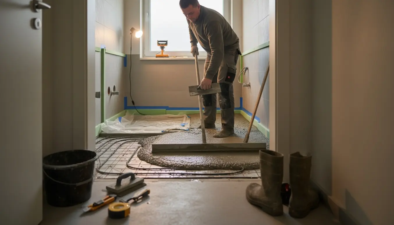 Våd beton udjævnes i et badeværelse med synlige gulvvarmerør og isolering.