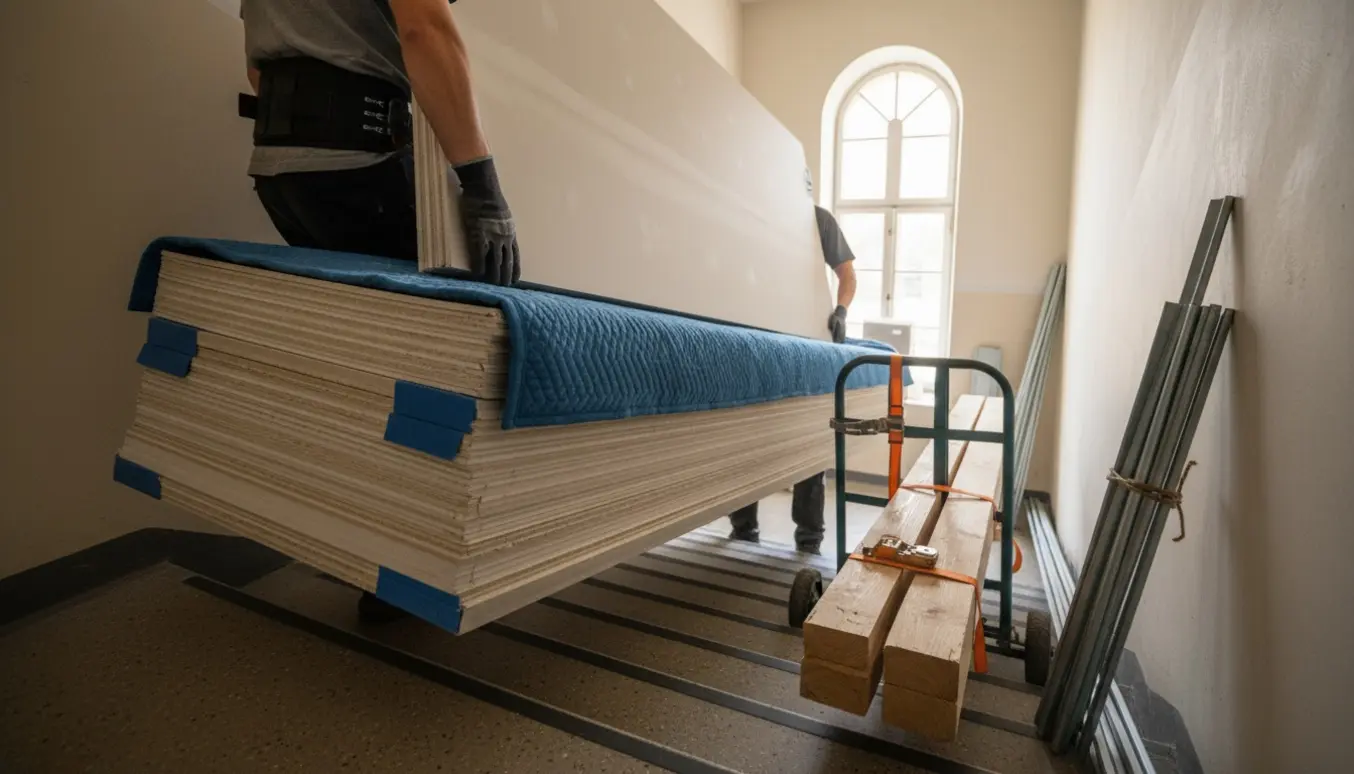 To personer bærer en stak gipsplader og lange lægter op ad en trappe til fjerde sal.