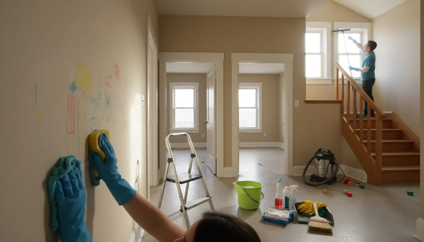 Flytterengøring på 1. sal med handsker, klude, stige og synlige børnetegninger på væggene.