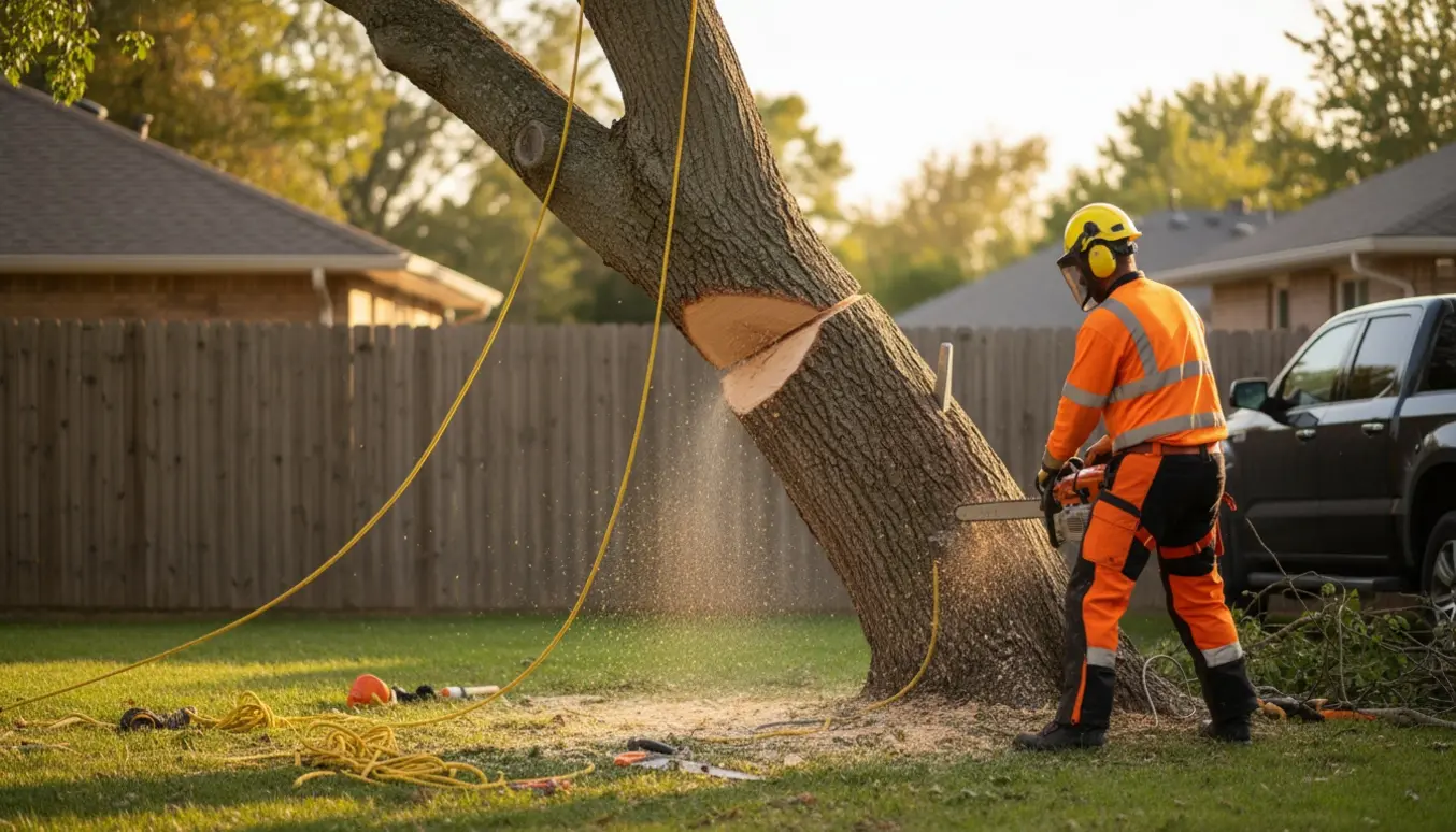 Arborist forbereder fældning af et hældende træ med motorsav, kile og sikringsliner i en forstadshave.