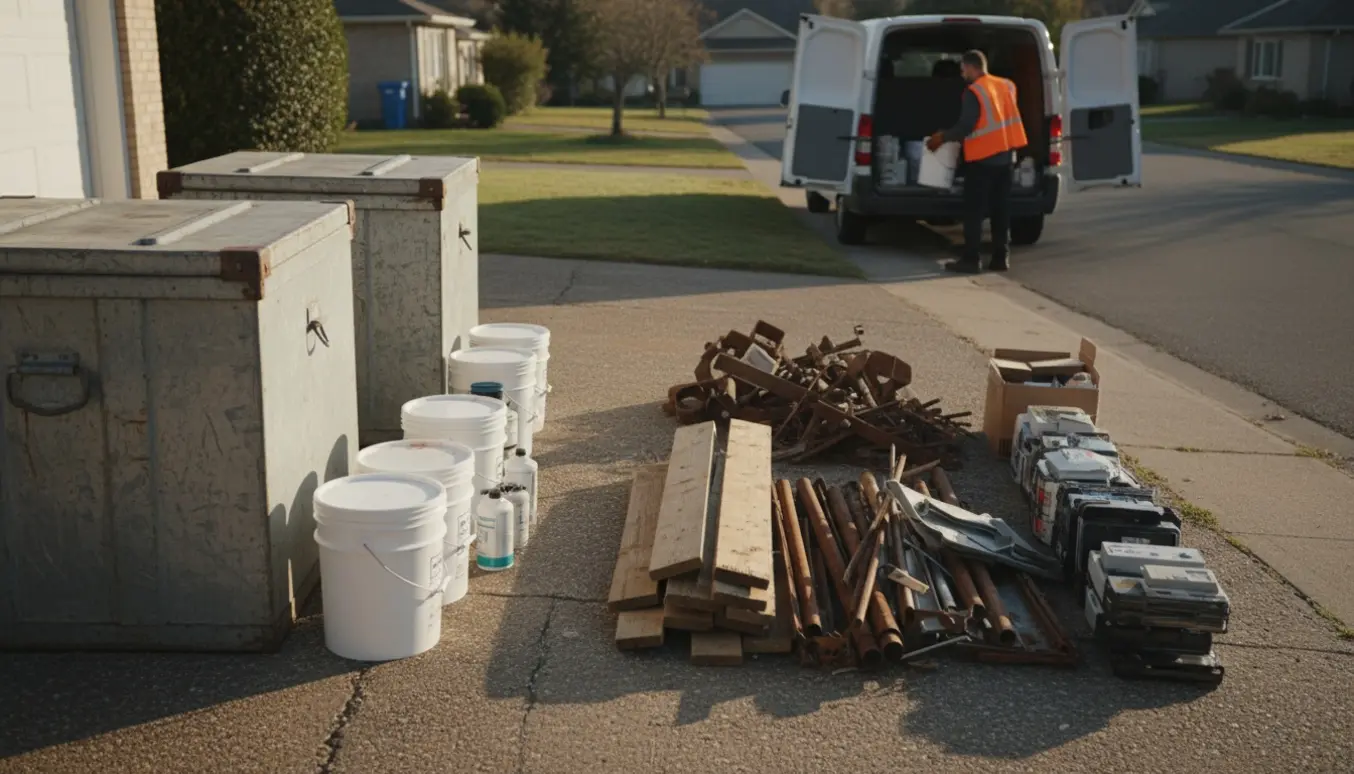 Sorteret storskrald ved indkørsel med metalkasser, malerspande og blandet affald klar til afhentning.