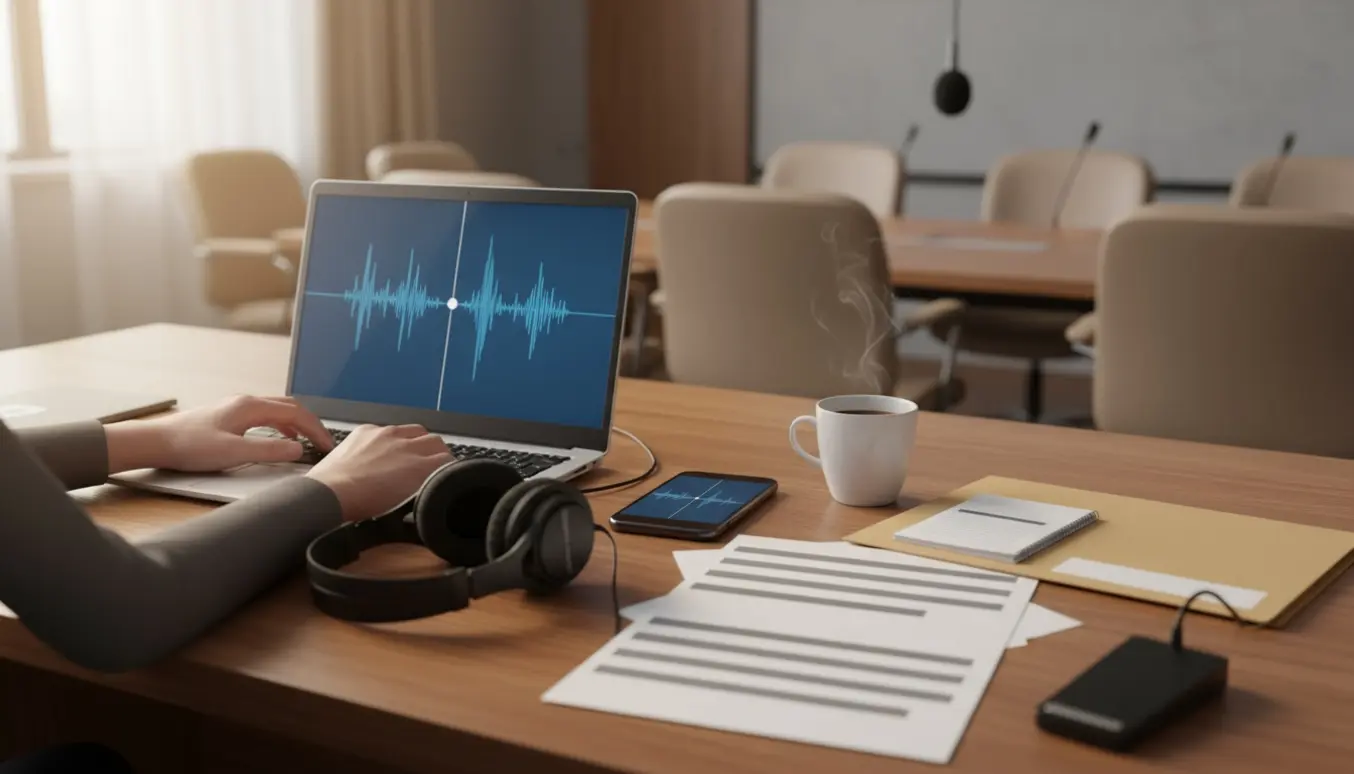 Nærbillede af en transkriptionsarbejdsplads med laptop, hovedtelefoner, smartphone og hænder ved tastaturet.