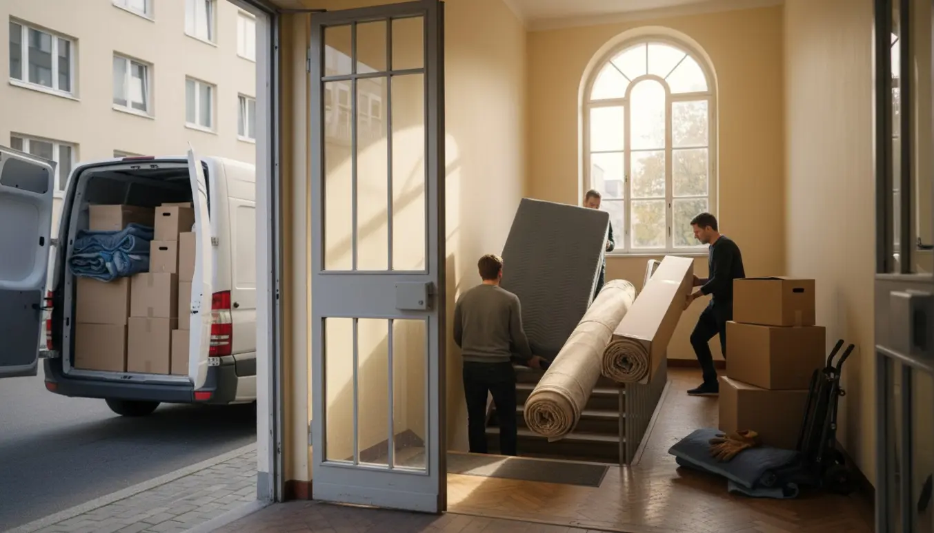 Flyttefolk bærer en stor pakket madras og møbler op ad en opgang med en åben hvid varevogn uden mærker udenfor.
